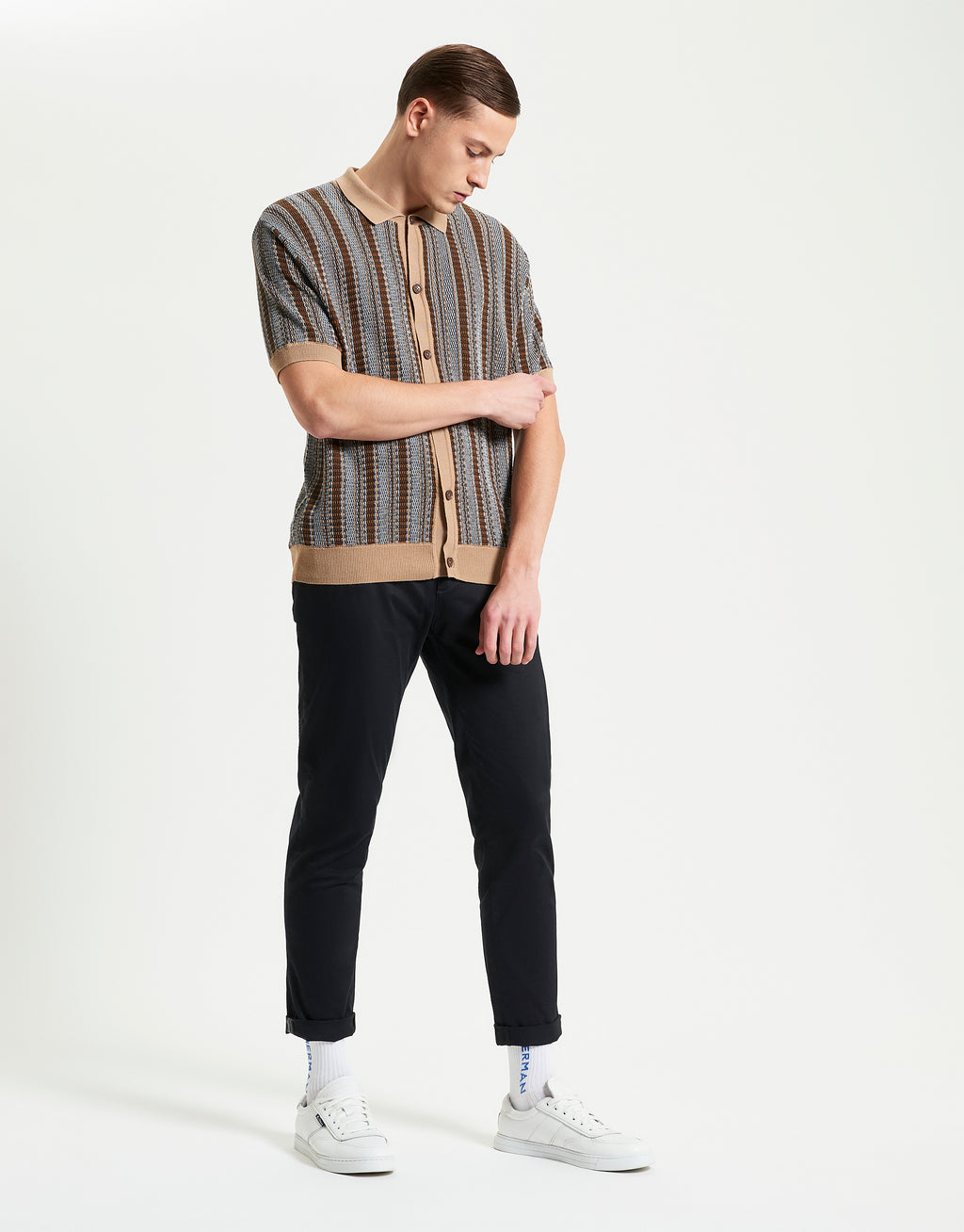 Ben Sherman Textured Striped Knitted Dark Navy Short Sleeve Shirt