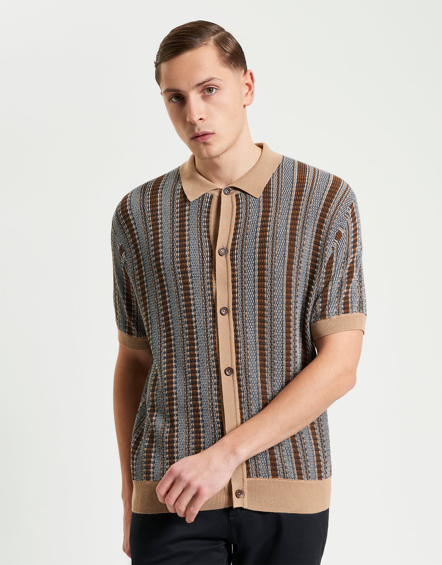 Ben Sherman Textured Striped Knitted Dark Navy Short Sleeve Shirt