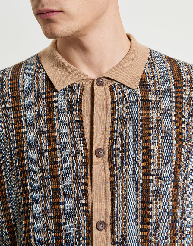 Ben Sherman Textured Striped Knitted Dark Navy Short Sleeve Shirt