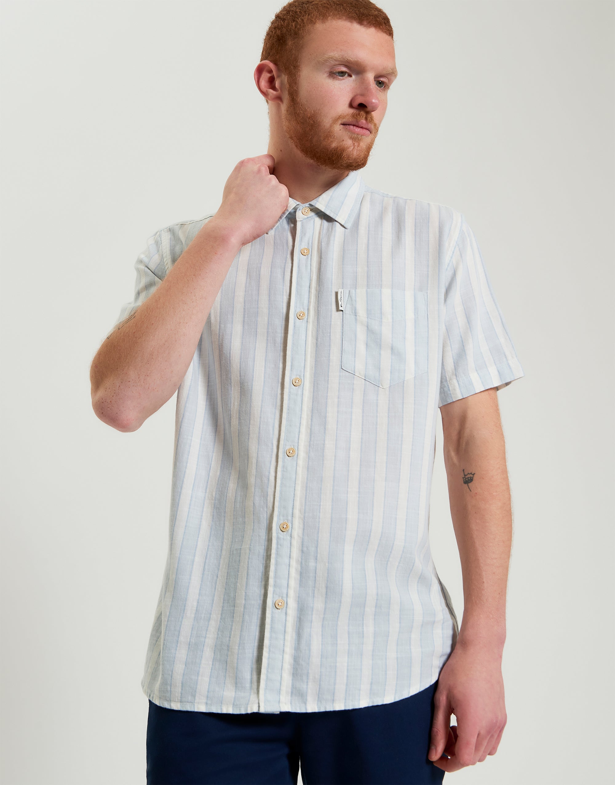 Ben Sherman Framed Candy Stripe Dusky Blue Short Sleeve Shirt
