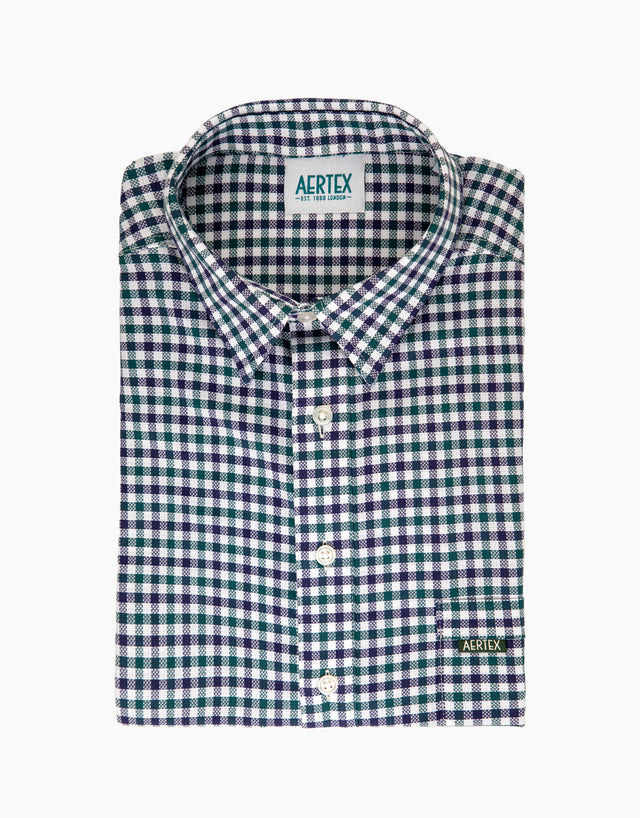 Aertex Taunton Blue Gingham Check Short Sleeve Polo