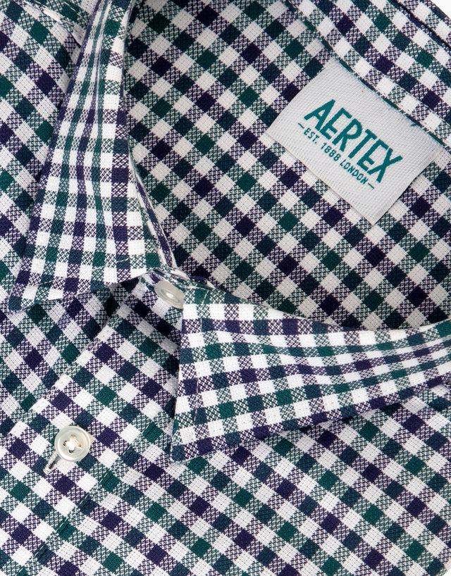 Aertex Taunton Blue Gingham Check Short Sleeve Polo