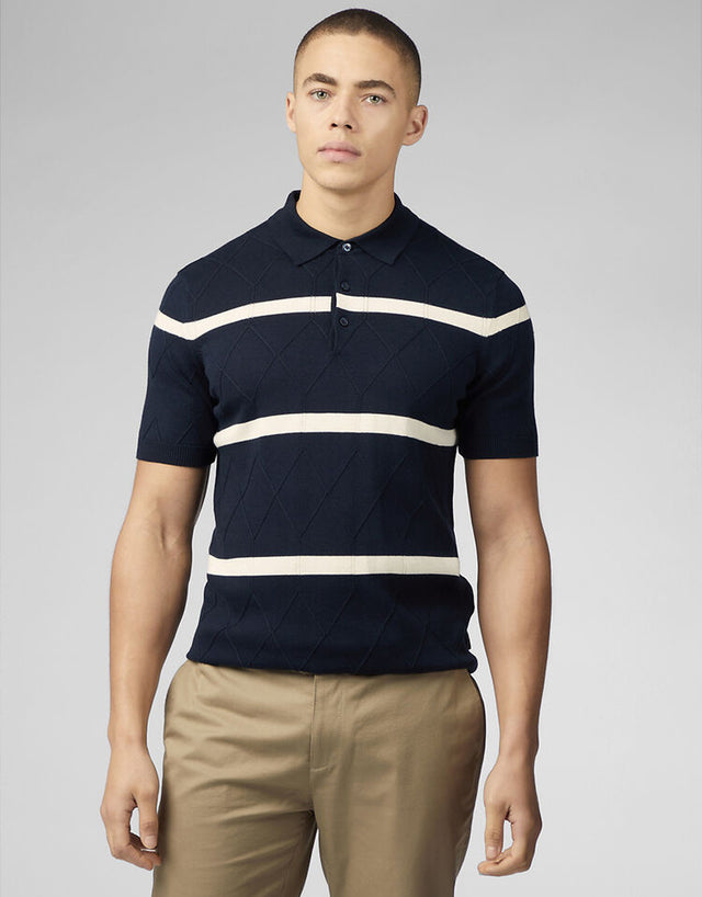 Ben Sherman Argyle Stripe Dark Navy Short Sleeve Polo