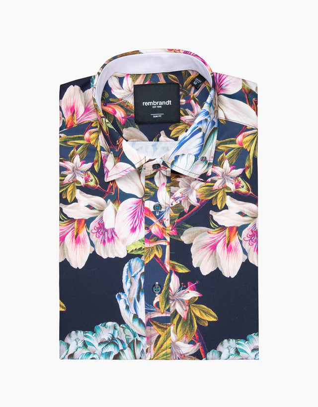 Barbican Navy Large Floral Print Shirt