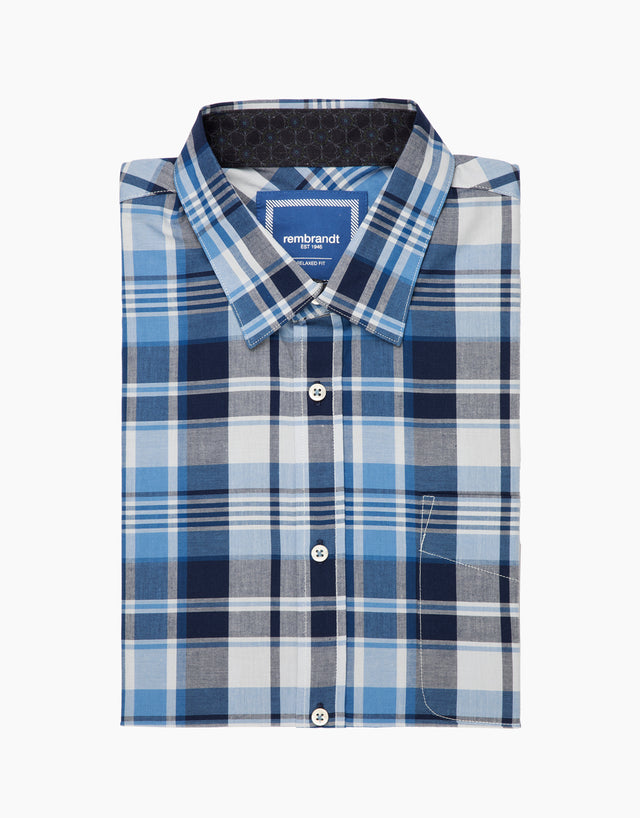 Raglan Blue and Navy Check Short Sleeve Shirt