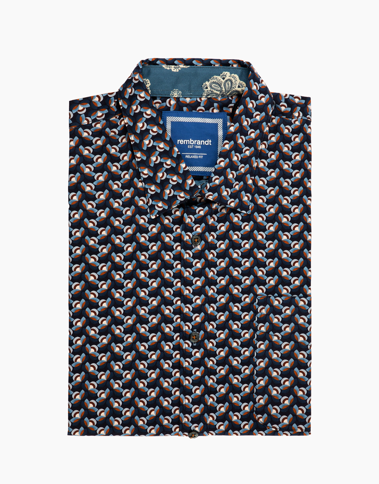 Raglan Blue and Brown Geometric Print Short Sleeve Shirt