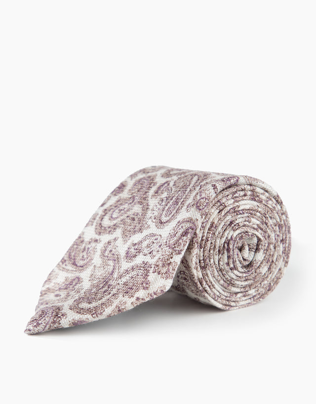 White & Lilac Paisley LinenSilk Tie