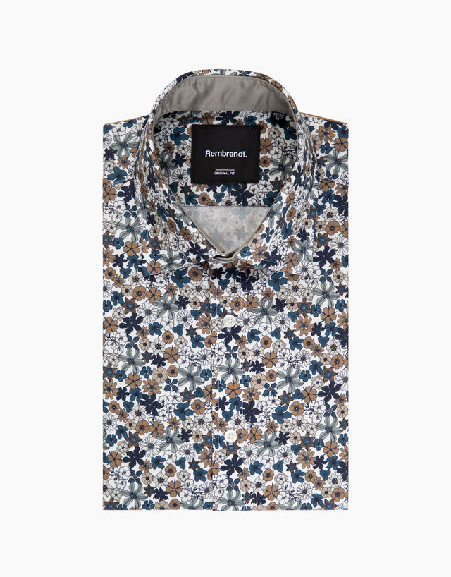 Barbican Teal Blue & Brown Floral Print Shirt