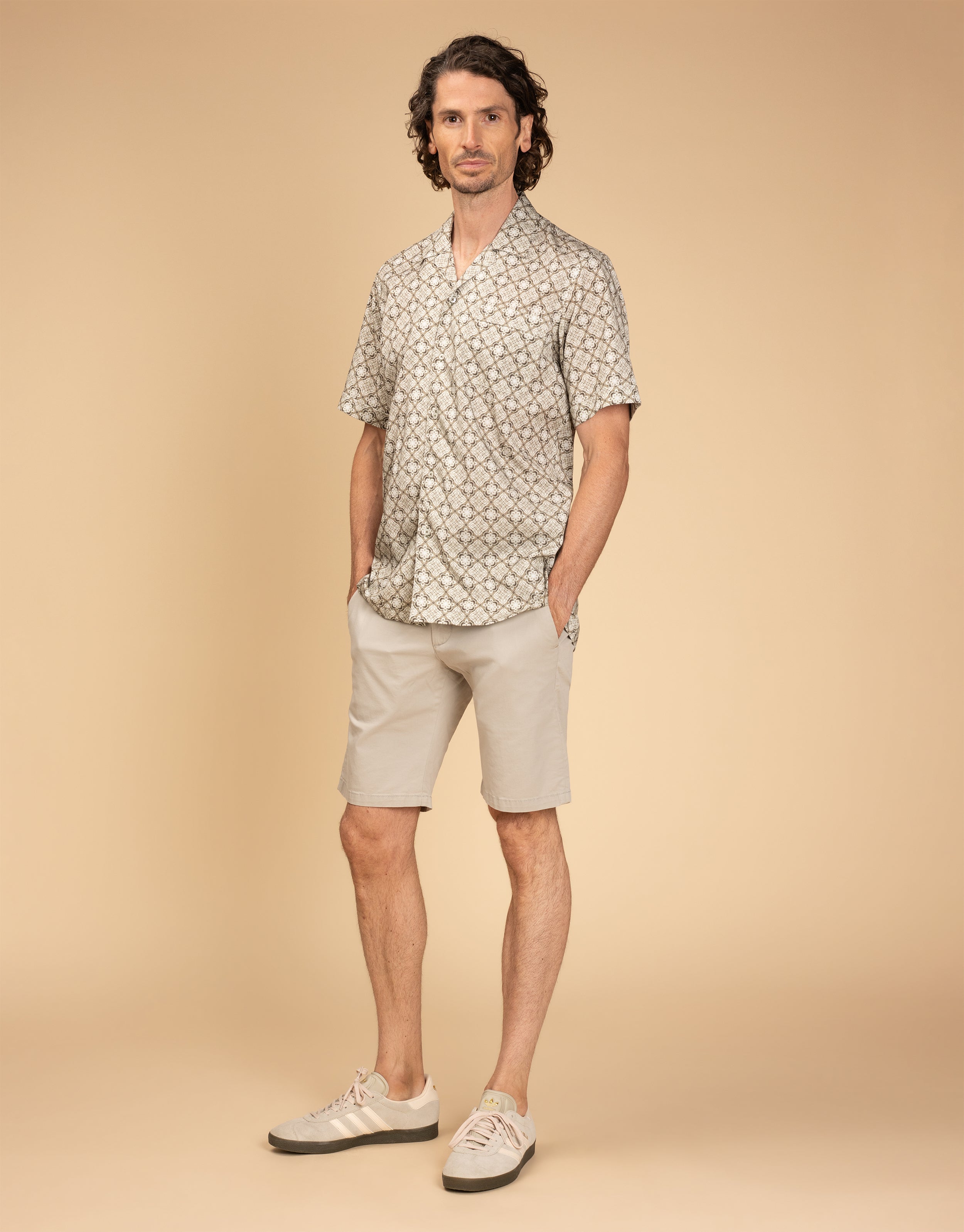 Hahei Olive Green Geometric Short Sleeve Shirt