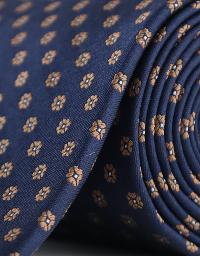 Navy & Brown Floral Geometric Silk Tie