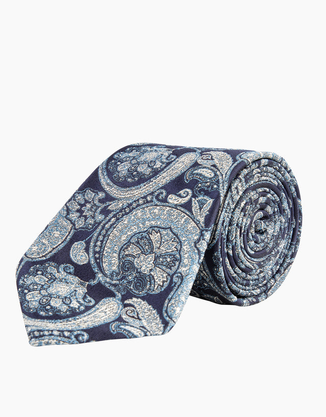 Blue & White Large Paisley Jacquard Silk Tie