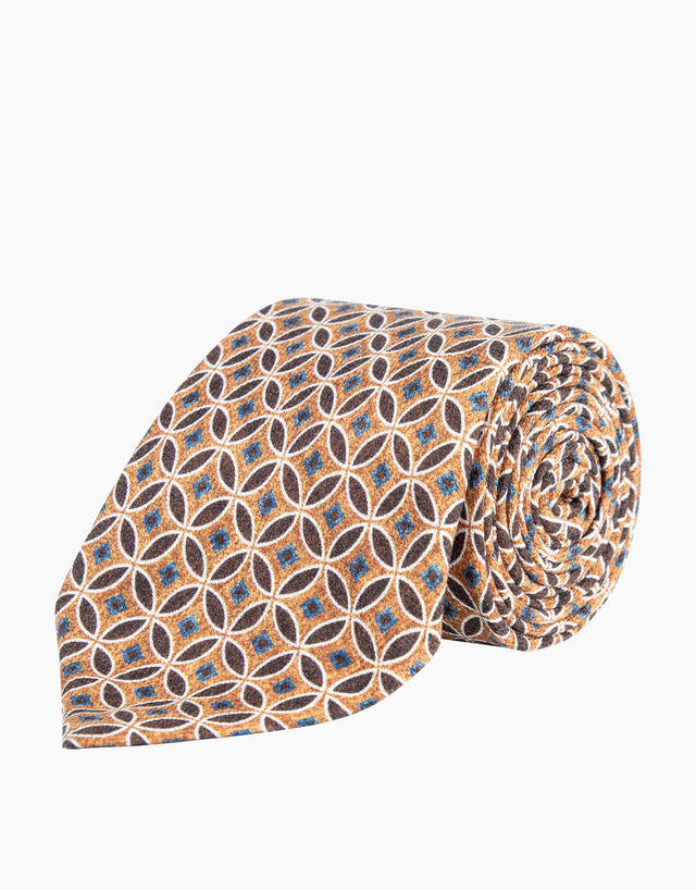 Burnt Orange Brown & Blue Geometric Silk Tie