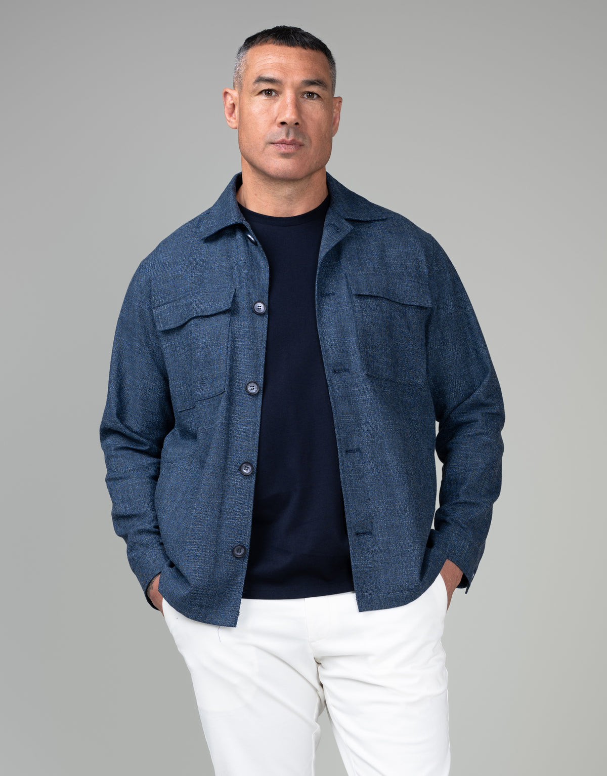 Devonport Pacific Blue Linen-Slub Shirt Jacket - front