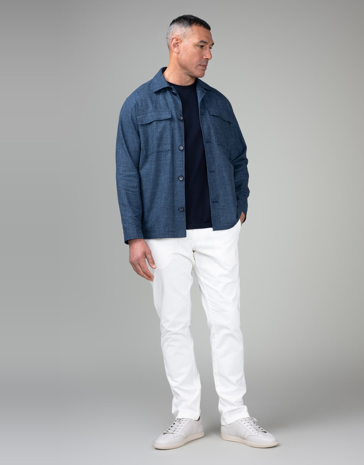 Devonport Pacific Blue Linen-Slub Shirt Jacket - styled look