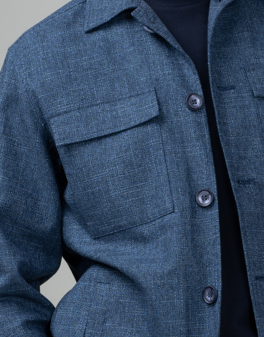 Devonport Pacific Blue Linen-Slub Shirt Jacket - chest pocket detail