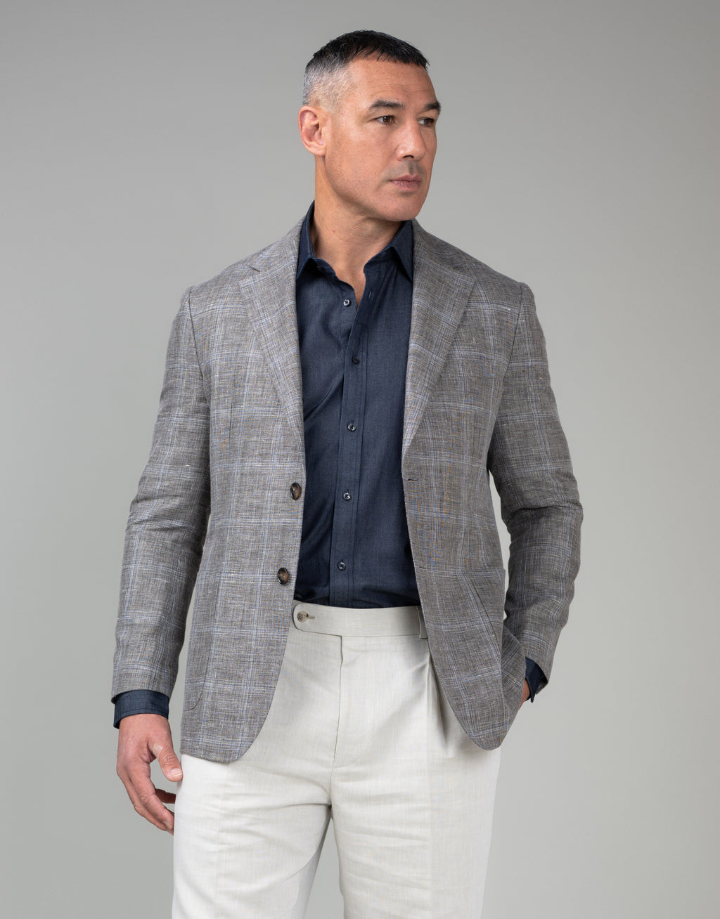 Malta Light Brown & Blue Linen Check Blazer - front