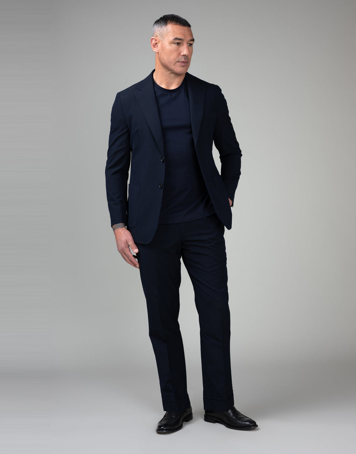 Evans Navy Seersucker Trouser - full length