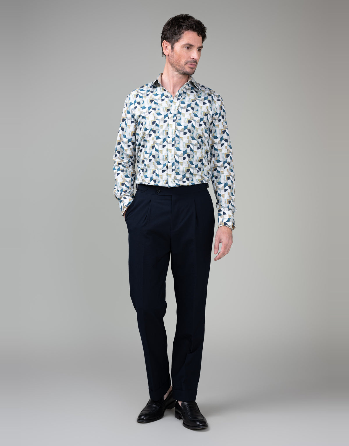 Barbican White, Sand & Blue Abstract Shirt - full length