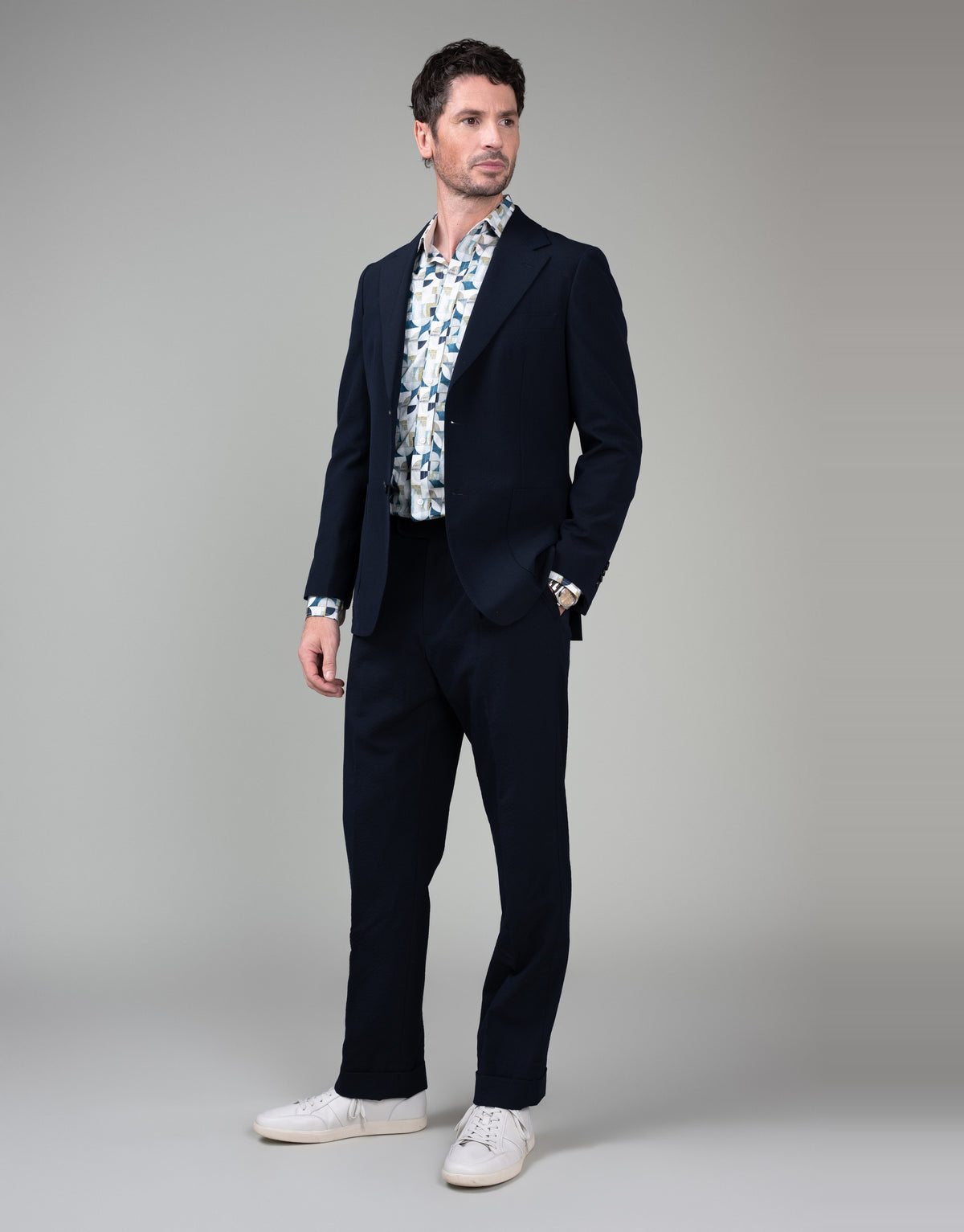 Barbican White, Sand & Blue Abstract Shirt - styled with suit