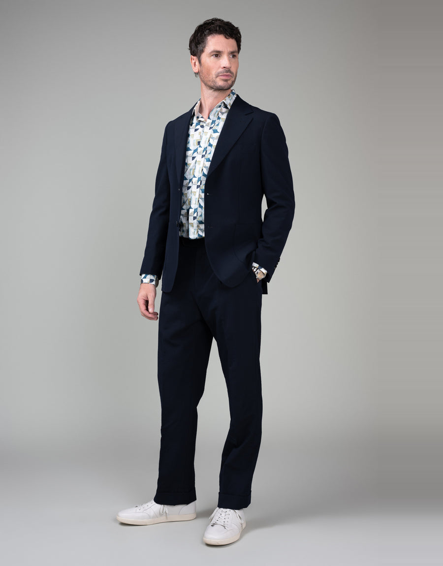 Barbican White, Sand & Blue Abstract Shirt - styled with suit