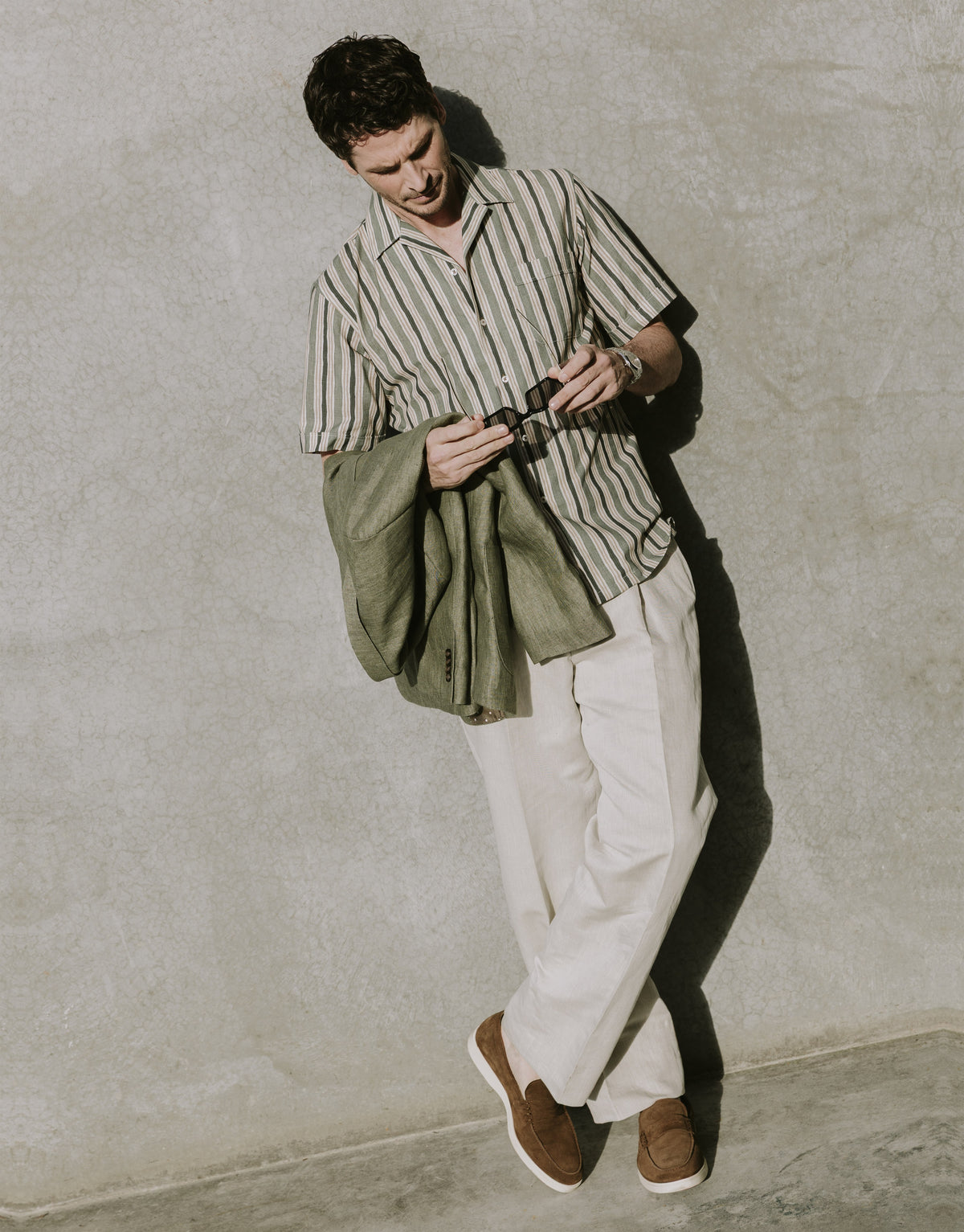 Hahei Green & Brown Painted Stripe Print Shirt - styled with the Malta Sage Green Linen Blazer