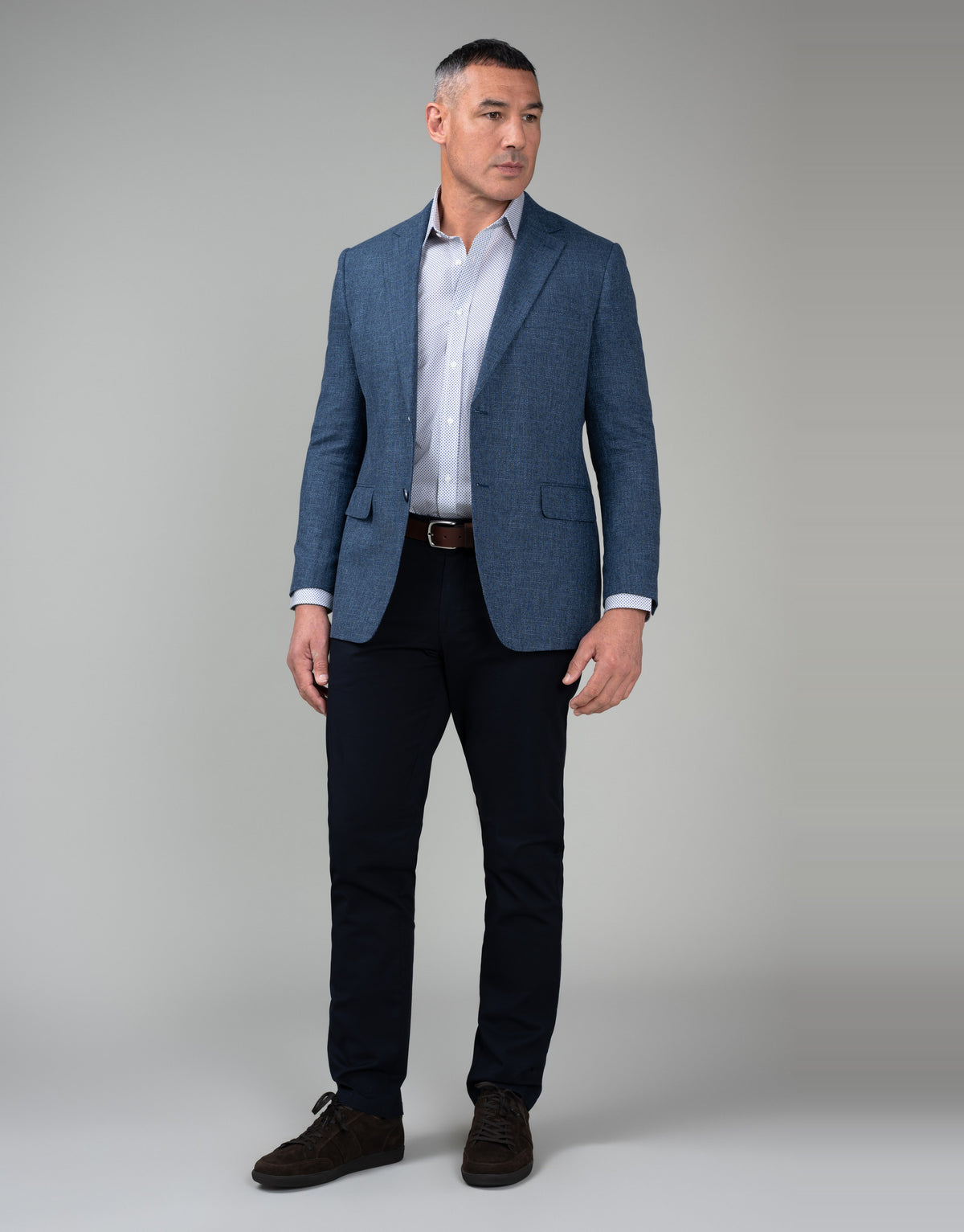 Sinatra Beige & Blue Microdesign Print Shirt - styled with blazer