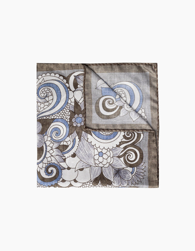 Light Brown & Blue Floral Italian Silk Pocket Square