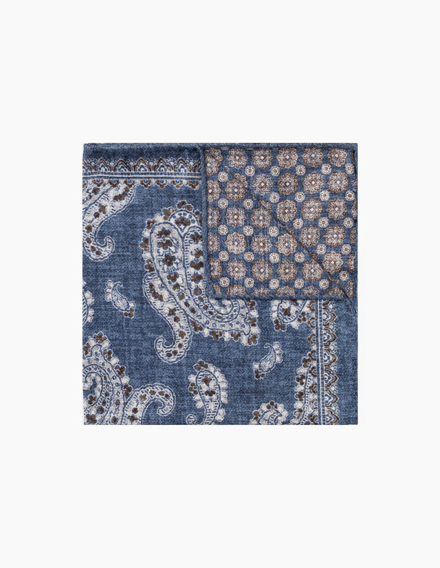 Blue & Brown Paisley Reversible Italian Pocket Square