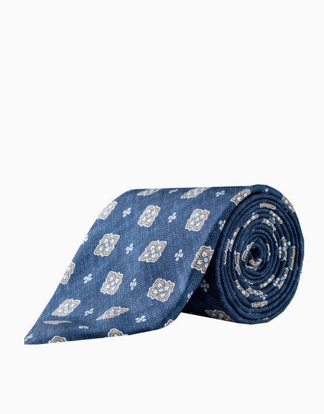 Blue & Sand Floral Medallion Italian Silk Tie