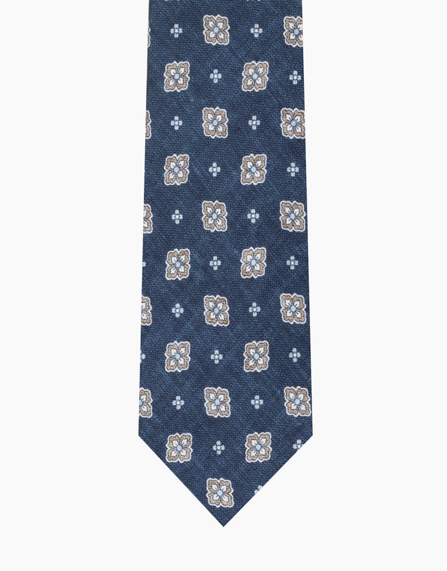 Blue & Sand Floral Medallion Italian Silk Tie