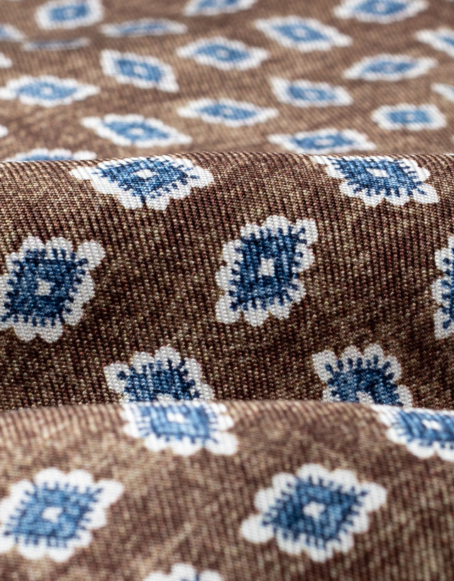 Brown & Blue Diamond Floral Italian Silk Tie