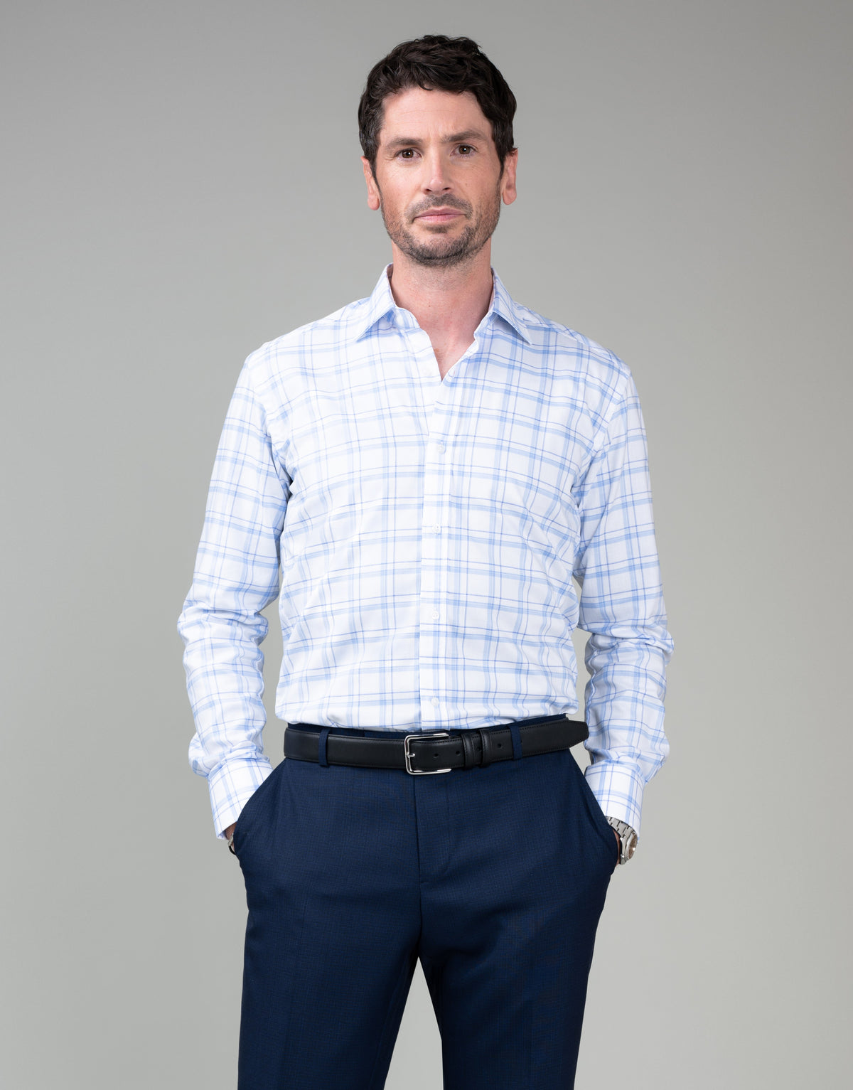 London White & Blue Herringbone Check Shirt - front
