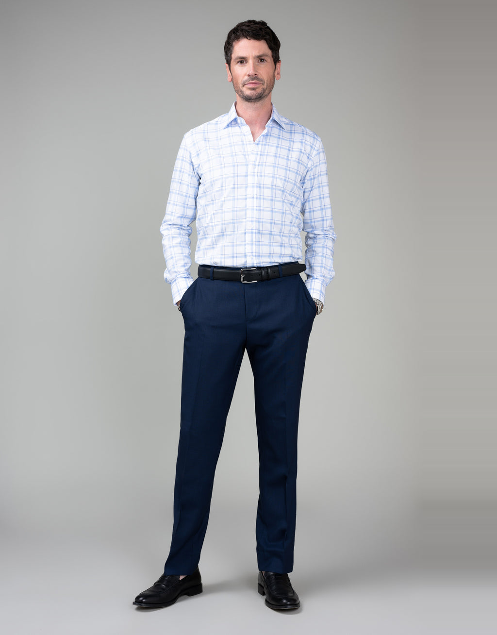 London White & Blue Herringbone Check Shirt - full length