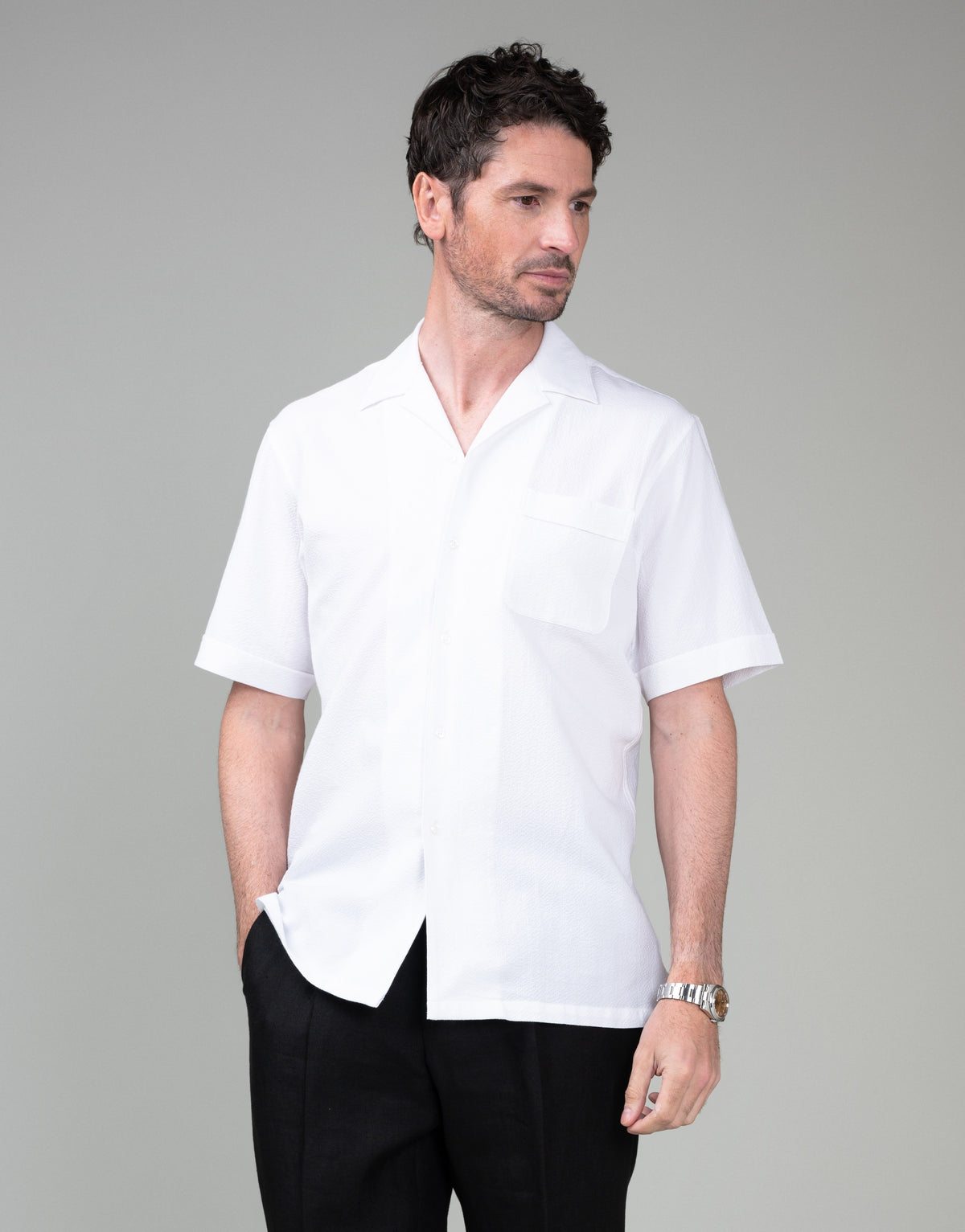Hahei White Seersucker Short Sleeve Shirt - front