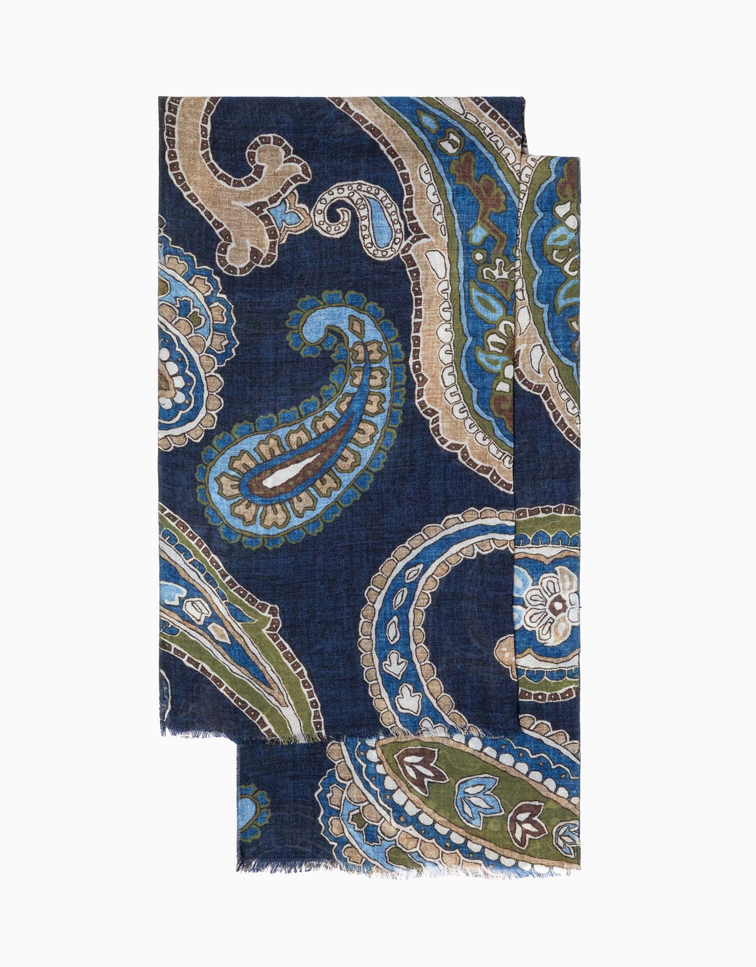 Blue Beige & Green Paisley Italian Wool Scarf