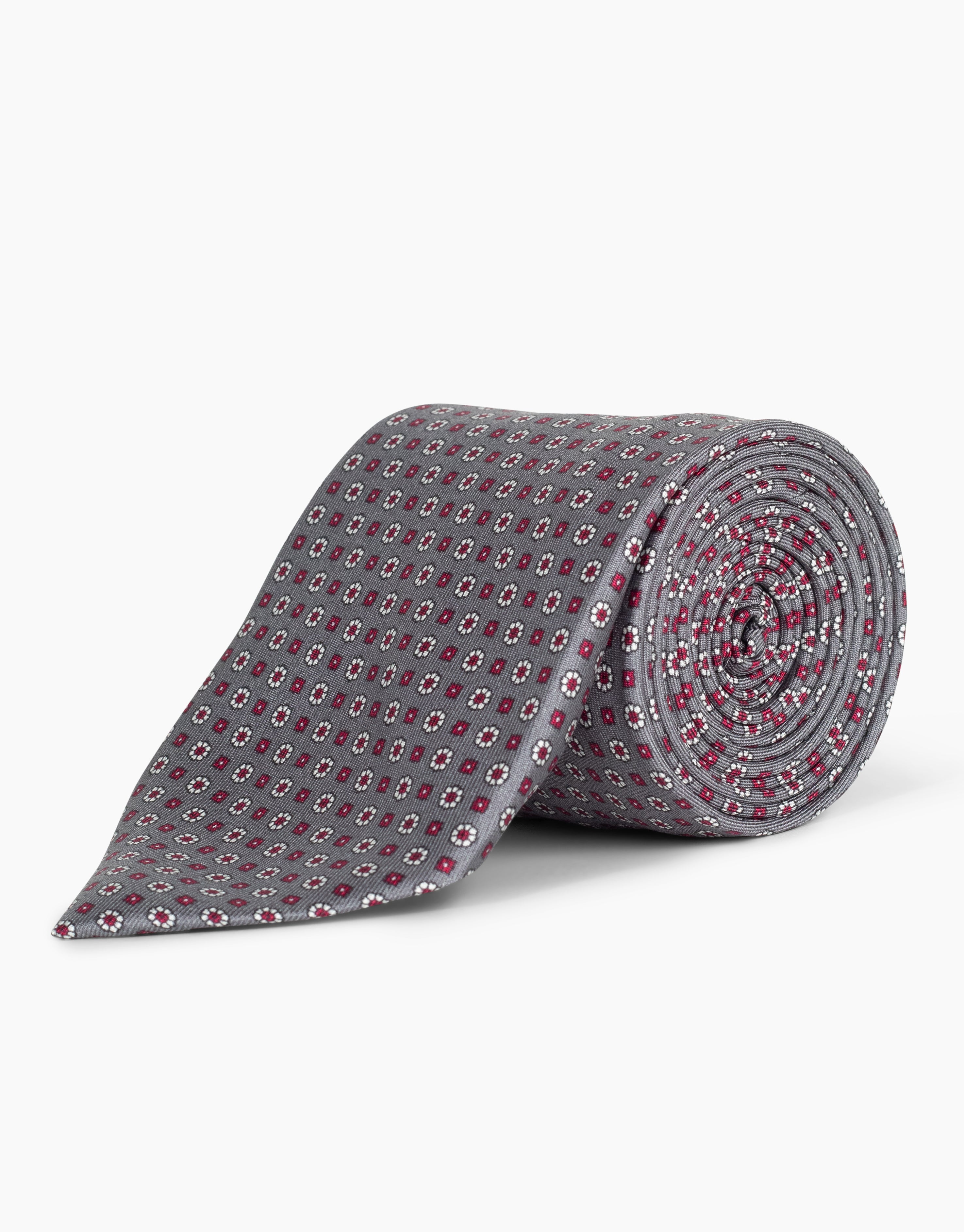 Grey & Pink Floral Geo Italian Silk Tie