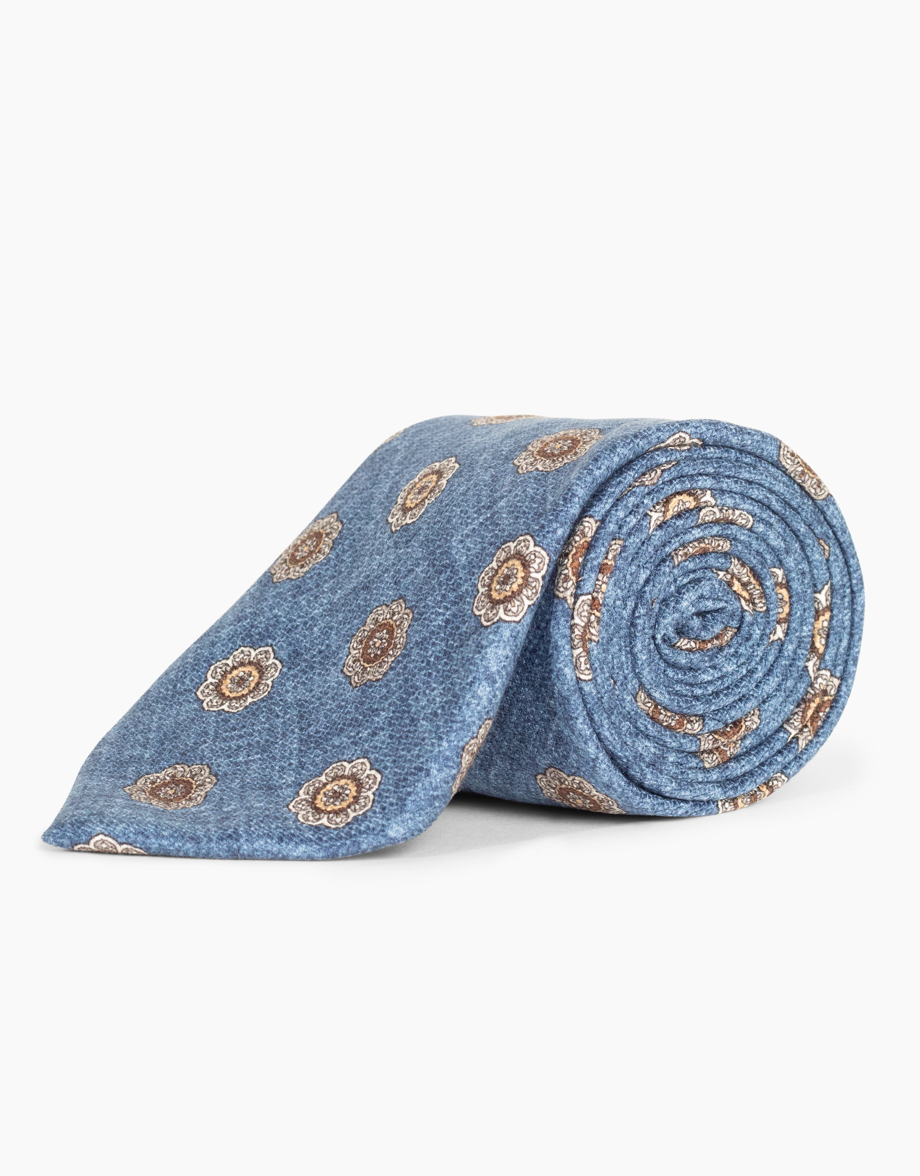 Blue & Brown Floral Medallion Italian Silk Tie