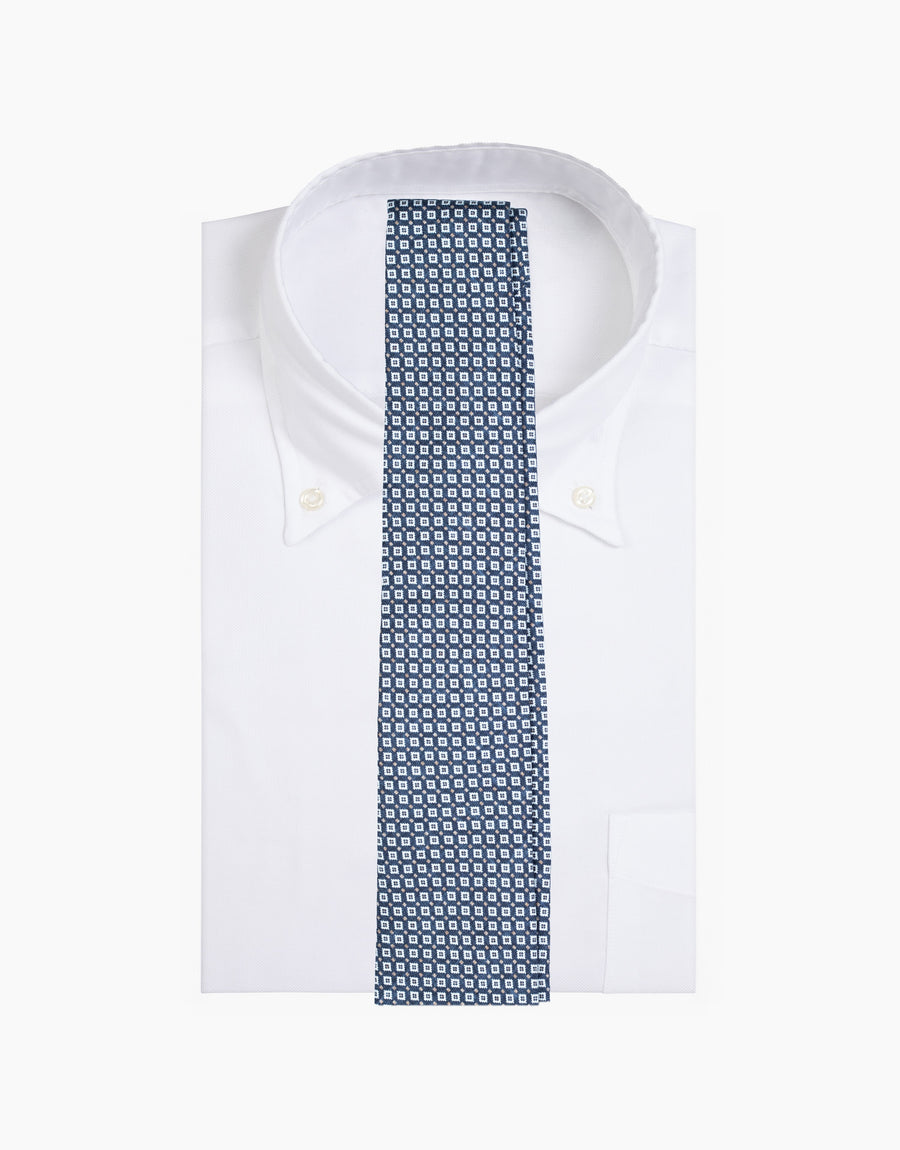 Navy Ikat Diamond Italian Silk Tie - on a white shirt