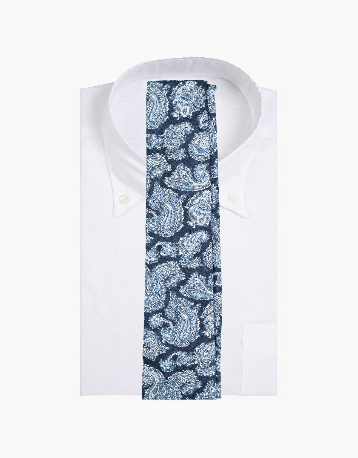 Blue Tonal Paisley Italian Silk Tie - on a white shirt