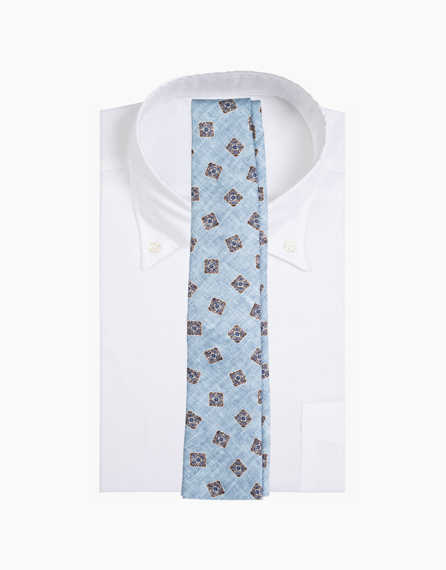Sky Blue Foulard Italian Silk Tie - on a white shirt