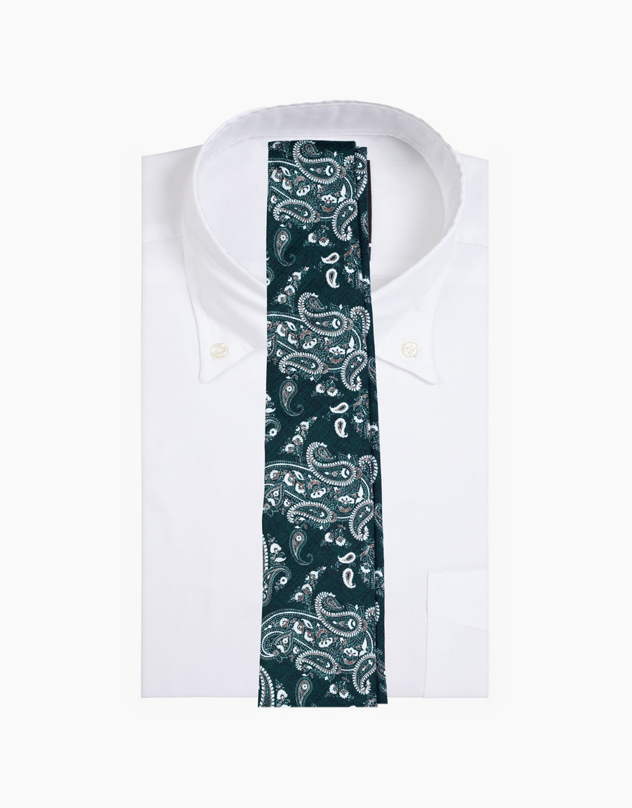 Forest Green Paisley Italian Silk Tie - on a white shirt