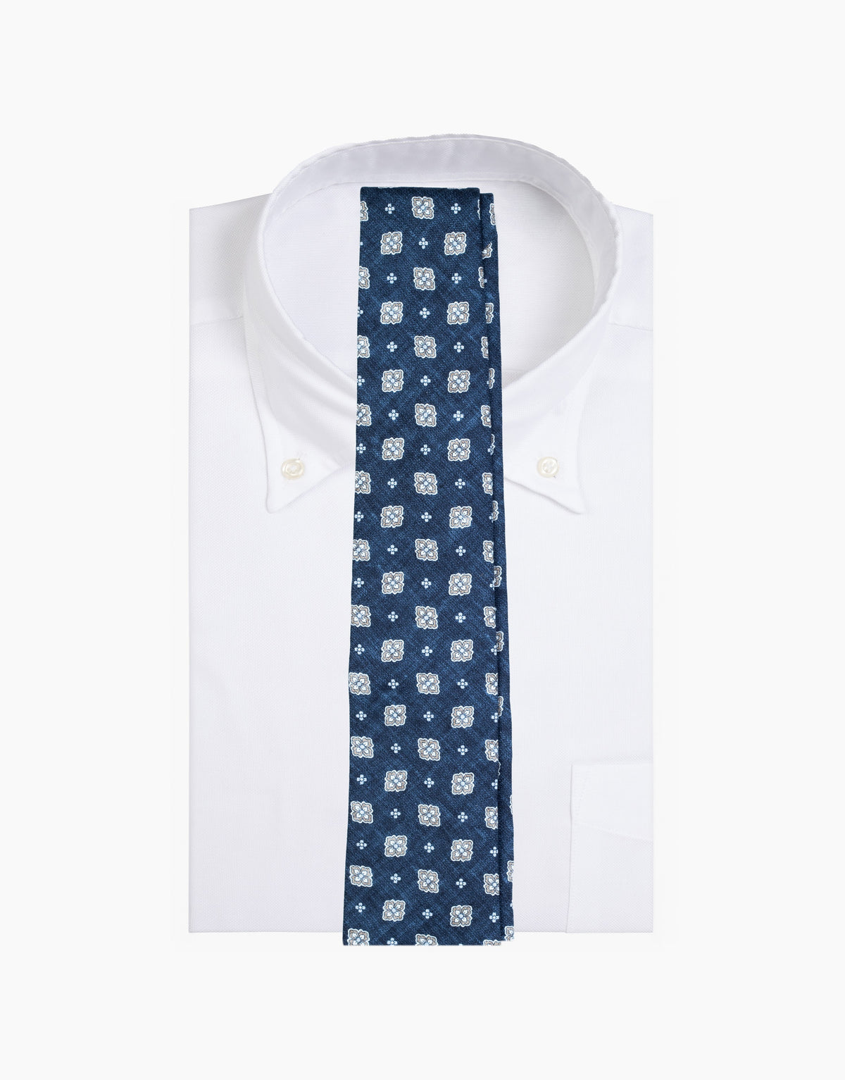 Blue Floral Medallion Italian Silk Tie - on a white shirt