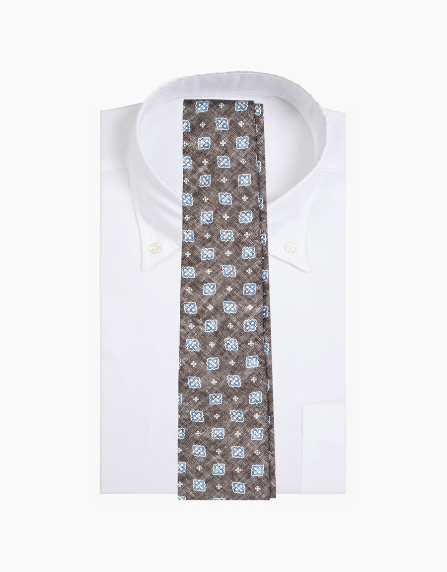 Brown Floral Medallion Italian Silk Tie - on a white shirt