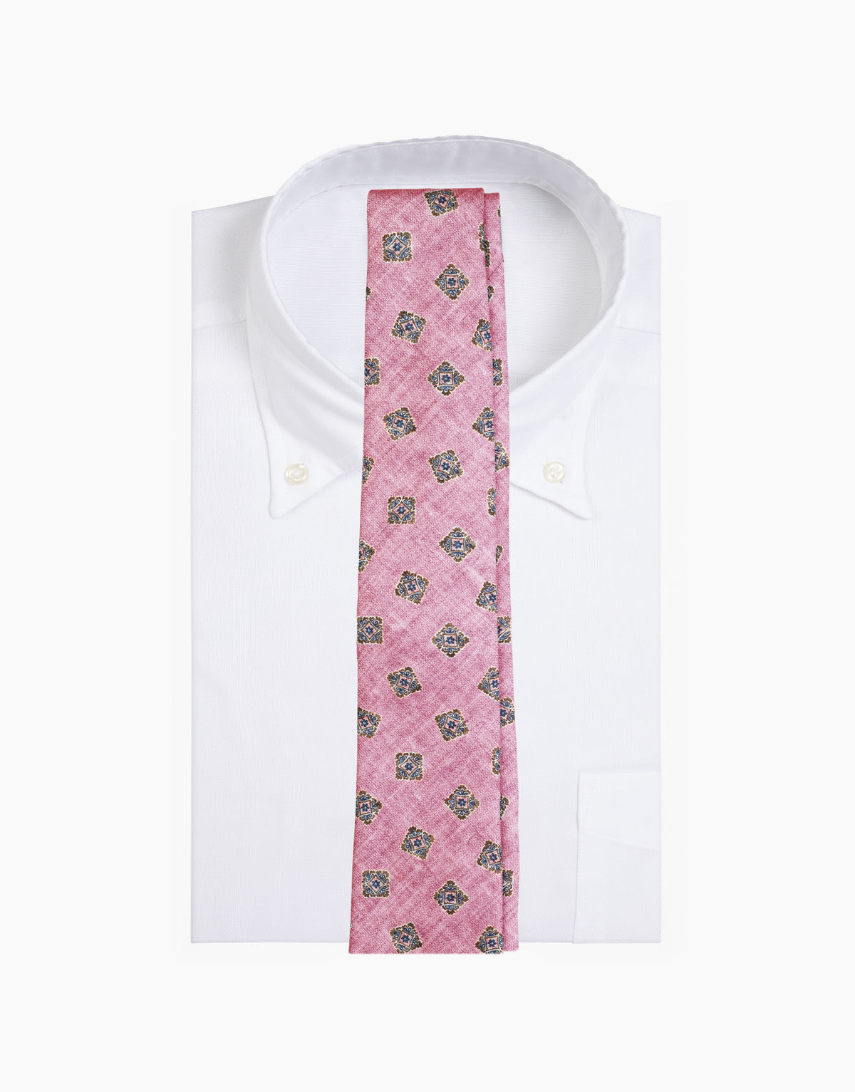 Dusty Rose Foulard Italian Silk Tie - on a white shirt