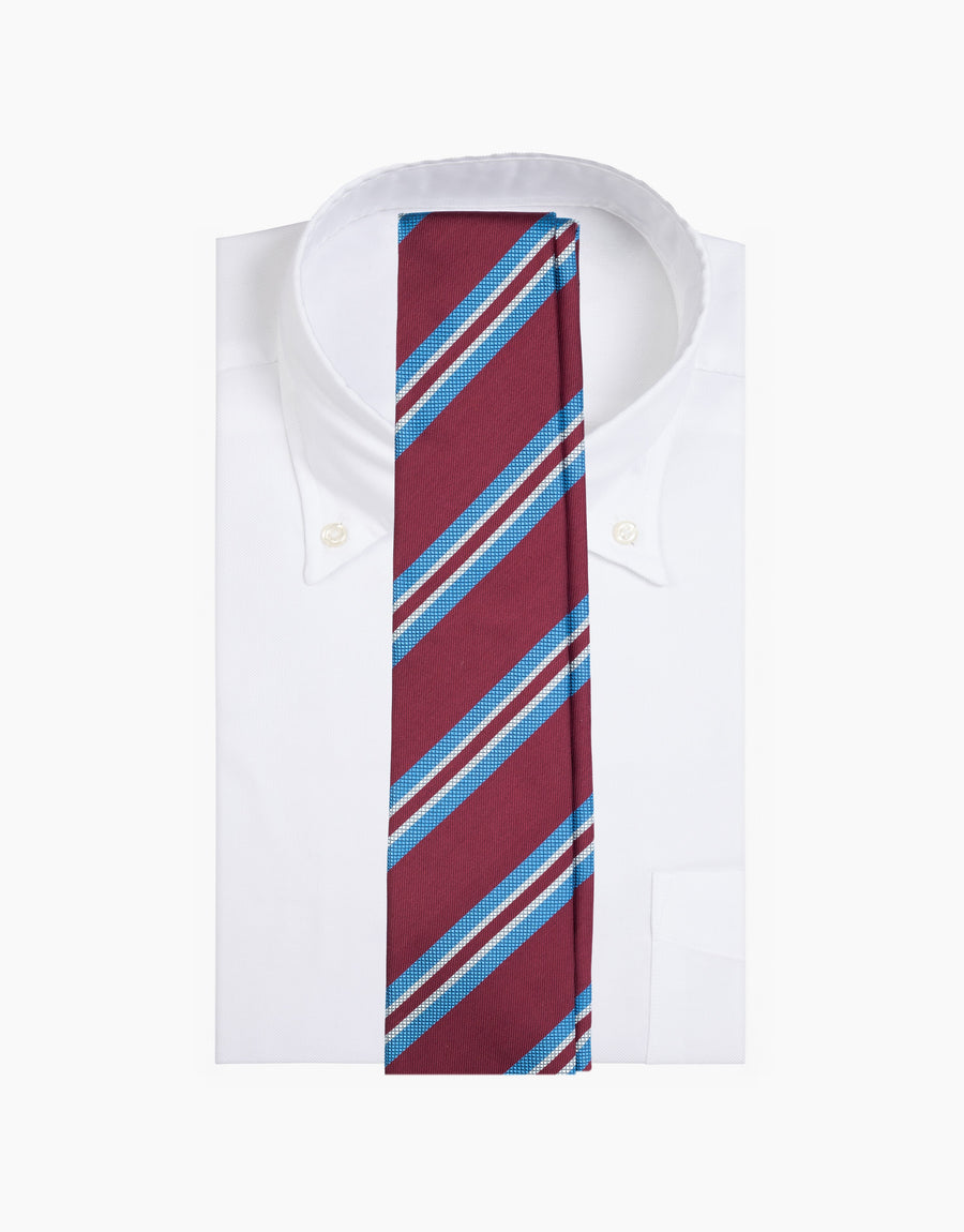 Burgundy & Blue Stripe Jacquard Italian Silk Tie - on a white shirt