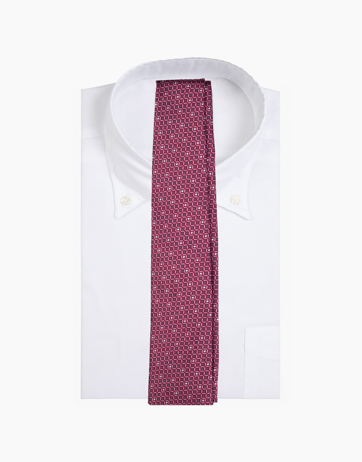 Burgundy Diamond Jacquard Italian Silk Tie - on a white shirt
