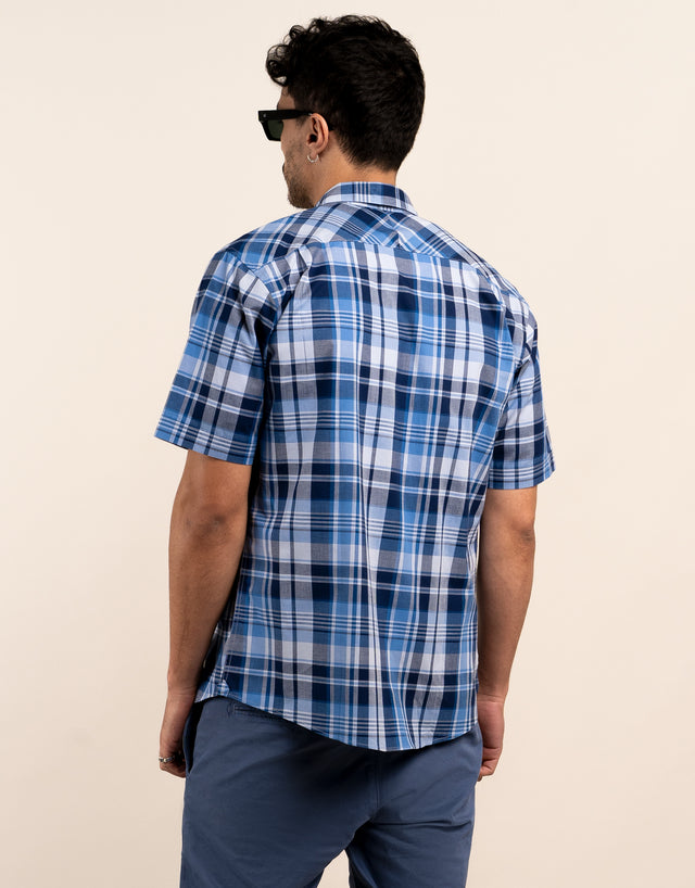 Raglan Blue and Navy Check Short Sleeve Shirt