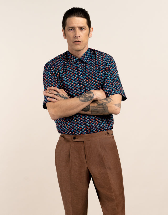 Raglan Blue and Brown Geometric Print Short Sleeve Shirt