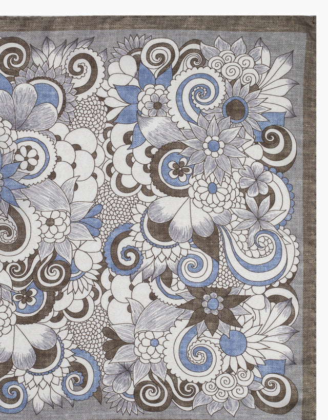 Light Brown & Blue Floral Italian Silk Pocket Square