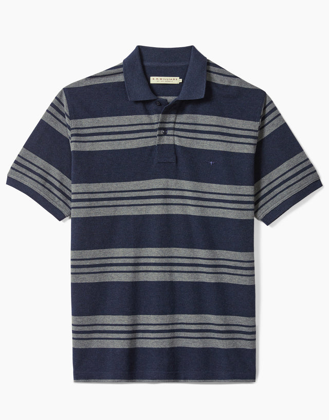 R.M.Williams Rod Navy and Grey Stripe Pique Polo